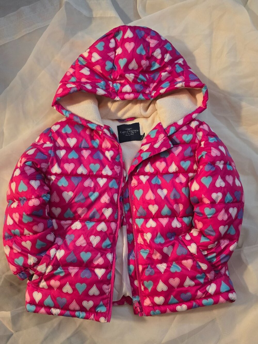 3T Toddler Girls Pink Heart Puffer Jacket Fleece Lined Hooded Faded Glory Pocket